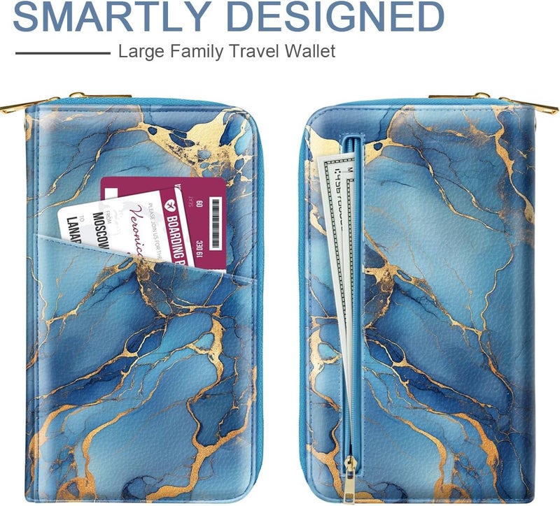 Simikol Family Passport Holder Wallet RFID Blocking Document Organizer PU Leather Mulit-purpose Travel Wallet Credit Cards Case for Women Men, Blue Marble - Image 3
